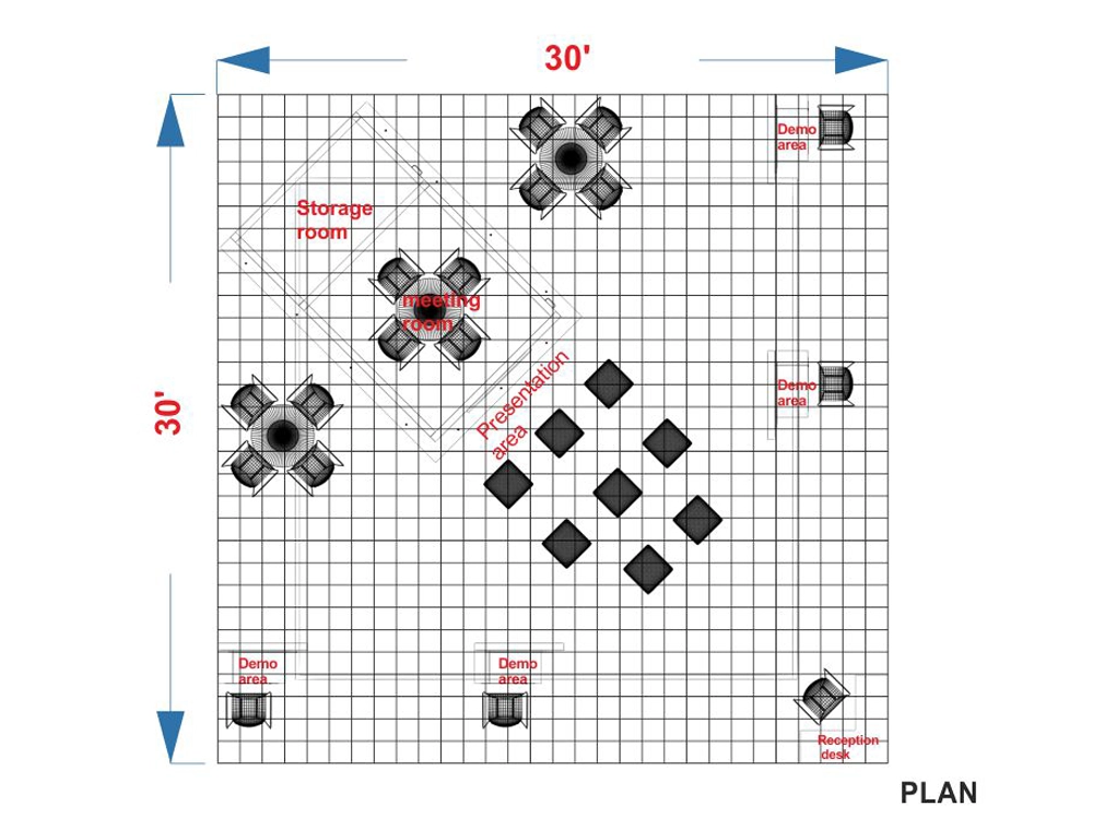 Exhibit 30x30 booth with open floor and counters